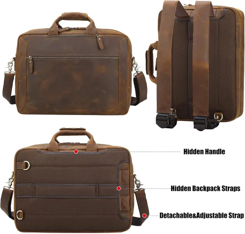 Vista 2 de TIDING Mochila de cuero para laptop de 15.6 pulgadas, maletín convertible de negocios, bolso bandolera de hombro, color marrón