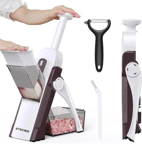 Vista 15 de Cortador de mandolina 5 en 1 seguro para cocina, picador de verduras seguro, cuchillo de pelar, grosor ajustable, fácil de limpiar, rebanador