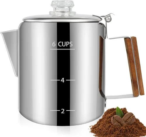 Vista 11 de Percolador de 6 Tazas de Acero Inoxidable 304 Cafetera Máquina de Café con Mango de Madera Sólida Perilla Transparente Estufa Greca Mocha