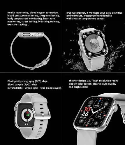 Vista 6 de Advanced Health Fitness - Reloj inteligente con Bluetooth, pantalla táctil HD de 1.97 pulgadas, control del estrés del sueño, frecuencia cardíaca