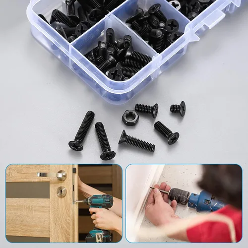 Vista 5 de Kit de tornillos y tuercas de cabeza plana M4, 275 piezas de tornillos y tuercas Phillips de cabeza cuadrada negra, kit surtido de tornillos