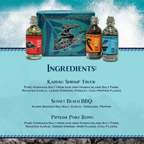 Vista 3 de Sea Salts of Hawaii North Shore - Paquete variado de sales marinas, 3-2 onzas. Botellas de sal marina - Pipeline Poke, Sunset Beach BBQ, camarones