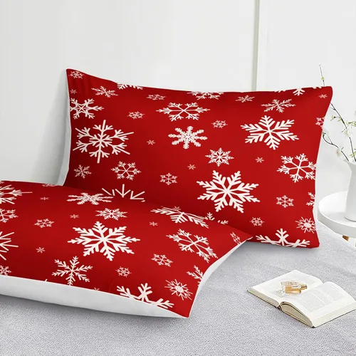 Vista 4 de Juego de ropa de cama de Navidad con funda de edredón de copos de nieve, color blanco y rojo, con estampado navideño, juego de ropa de cama festiva
