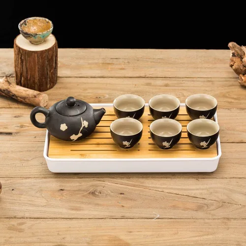 Vista 2 de Juego de té de cerámica chino/japonés, 100% hecho a mano, juego de ceremonia de té tradicional con teteras, 6 tazas de té, bandeja de té de bambú