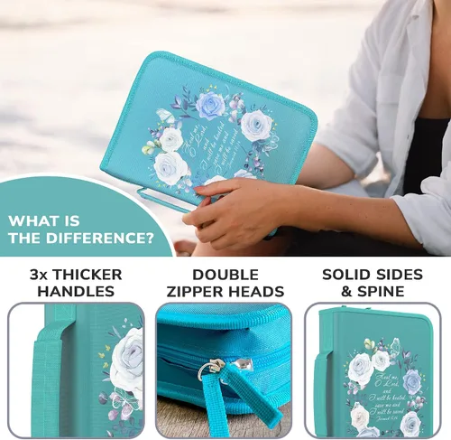 Vista 3 de DEHITE Funda para la Biblia para mujer, bolsas de transporte de la Biblia, tamaños medianos y grandes, ranuras para bolígrafos, tela de primera