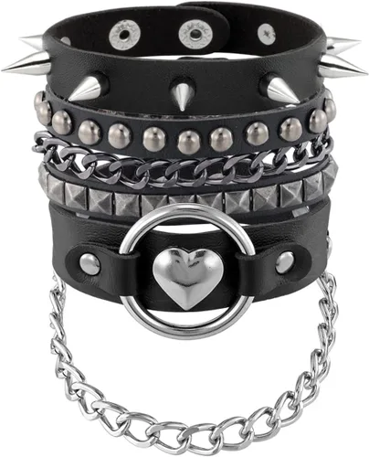 Vista 11 de Eigso Pulseras de cuero punk para hombres y mujeres, estilo retro de los años 80, hematita y rock, juego de pulseras de metal ajustables para hombre