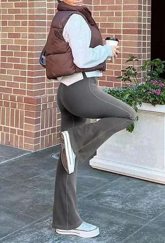Vista 4 de MOSHENGQI Leggings acampanados acanalados para mujer, pantalones de yoga sin costuras de cintura alta