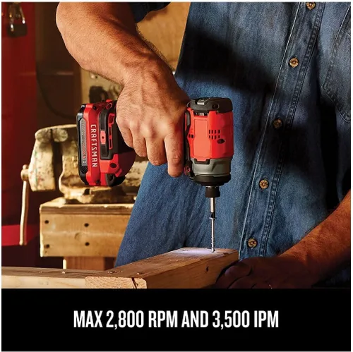 Vista 4 de CRAFTSMAN V20 Kit de destornillador de impacto inalámbrico, 1/4 de pulgada, batería y cargador incluidos (CMCF810C1), negro y rojo