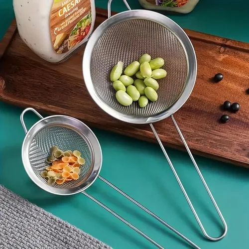 Vista 4 de Colador de malla fina de acero inoxidable de 3 piezas, malla fina de alta calidad, colador de alimentos con mango largo para utensilios de cocina