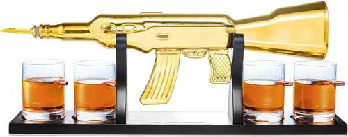 Vista 2 de Juego de decantador de whisky AK Gold con 4 vasos de whisky bala - The Wine Savant, regalo para padres, tíos, hijos - Regalos para veteranos, regalo