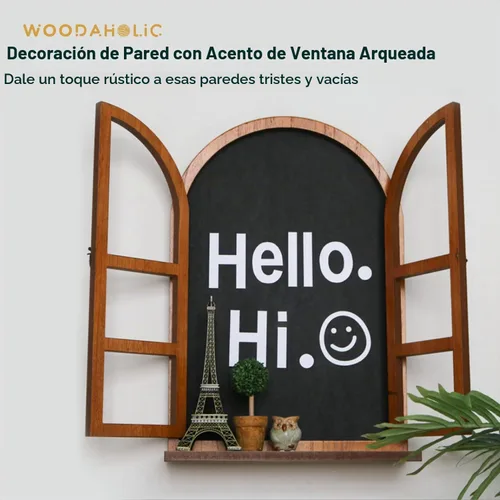 Vista 2 de Marco de madera rústico con marco de madera arqueada, decoración de pared con alféizar de ventana y persianas, decoración de ventana de pared