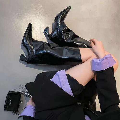 Vista 4 de Vertundy Botas altas hasta la rodilla para mujer, botas largas plegables, botas altas gruesas de pantorrilla ancha, botas altas con punta cuadrada