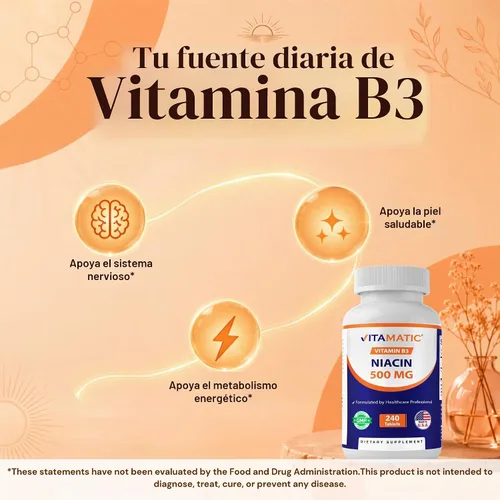 Vista 3 de Vitamatic Niacina (vitamina B3) 500 mg, 240 tabletas - Sin OMG y sin gluten
