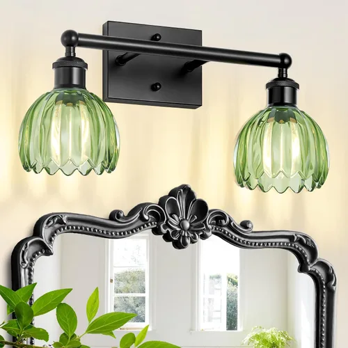 Vista 9 de Lámparas de baño vintage, 2 luces rústicas de tocador para baño, pasillo, luces de tocador de latón de 16.5 pulgadas, lámparas de tulipán