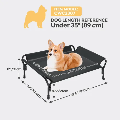 Vista 3 de Veehoo Cama elevada refrescante para perro, cuna elevada para mascotas con barandilla y reposacabezas inclinado, malla Teslin transpirable duradera