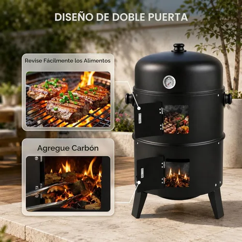 Vista 4 de VINGLI Parrilla de carbón de 18 pulgadas con ahumador de barbacoa multicapa, parrilla redonda resistente, ahumador vertical con termómetro