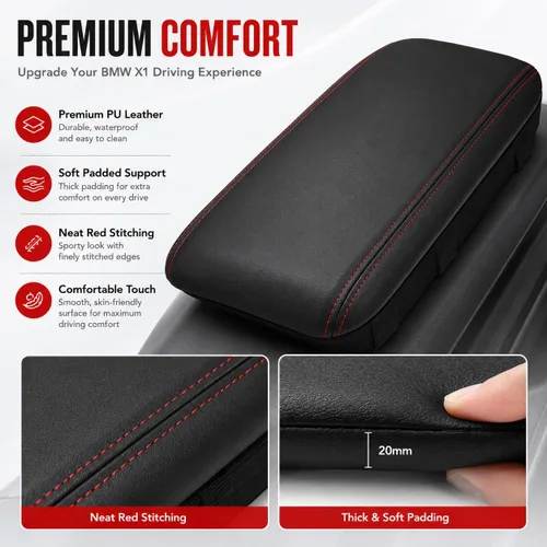 Vista 4 de Great-luck Funda de cuero para consola central, almohadilla para reposabrazos, accesorios de cubierta de caja (costuras rojas) para BMW X1 2023 2024
