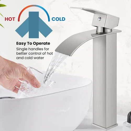 Vista 6 de gotonovo Grifo de Baño Alto Tipo Cascada de Una Sola Manija Grifos de Baño para Lavabo de 1 Agujero Grifo de Lavabo de Acero Inoxidable Tipo Vessel