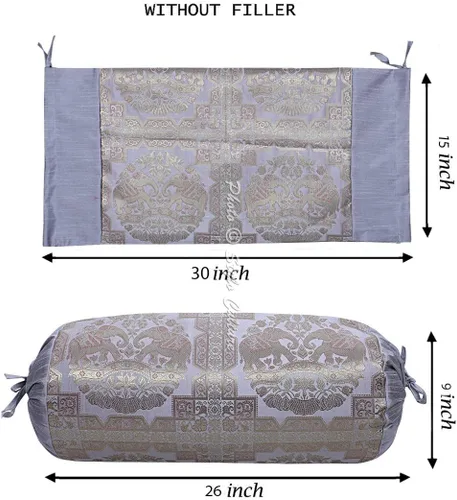 Vista 4 de Juego de 2 fundas de almohada de brocado cilíndrico étnico de brocado de seda jacquard de seda de elefante gris dorado tejido redondo almohada