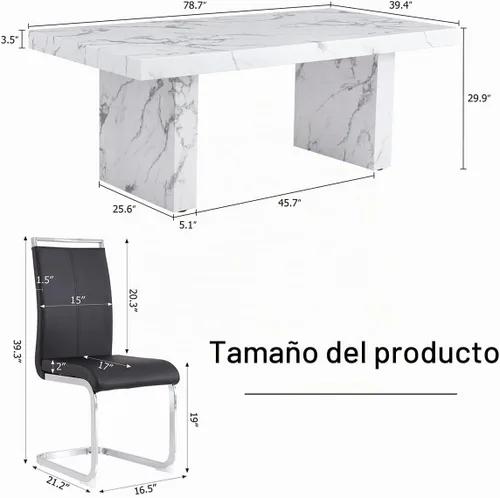 Vista 2 de Ebullient - Juego de mesa de comedor de mármol de 79 pulgadas para 6, mesa con patrón de mármol blanco de 3.5 pulgadas con base de MDF estable