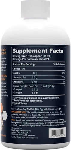 Vista 3 de Health Logics Aceite de semilla de calabaza de 12 onzas orgánico prensado en frío Vegetariano, sin OMG, sin gluten Seguro para cocinar Apoya