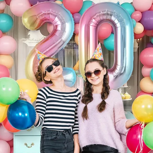 Vista 5 de Globo de número 0 con degradado de arcoíris, globos grandes de aluminio de 40 pulgadas, globos gigantes de Mylar número 0 para decoraciones
