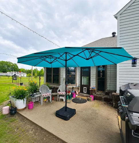 Vista 11 de PURPLE LEAF - Sombrilla de mercado de patio de 13 pies con base rectangular doble cara, sombrilla de mesa para exteriores con manivela, 12 varillas