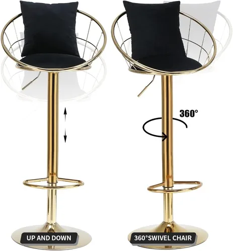 Vista 5 de Juego de 2 taburetes de bar giratorios de terciopelo, sillas de bar ajustables con respaldo y reposapiés, silla moderna para isla de cocina