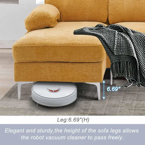 Vista 7 de Moderno sofá modular en forma de L de 85 pulgadas, felpilla con patas de hierro y diván, sofá modular de interior simple y elegante para sala