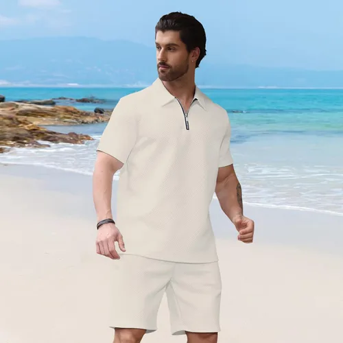 Vista 3 de Aulemen Conjunto deportivo de 2 piezas con cremallera para hombre, manga corta, camiseta polo y pantalones cortos, conjuntos de verano para hombre