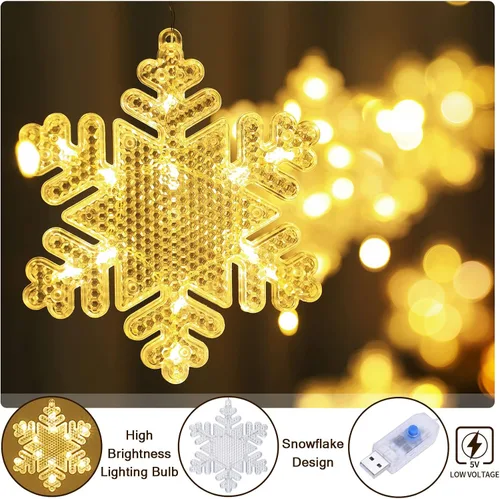Vista 4 de BLOOMWIN Luces de ventana de decoración de Navidad de 10 pies, 12 copos de nieve, luces de carámbano, luces USB de cortina de Navidad