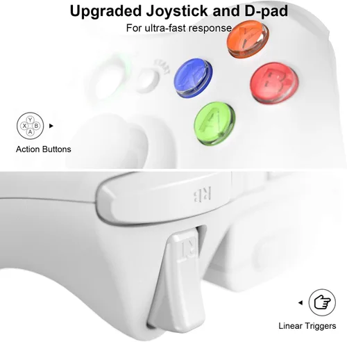 Vista 5 de VOYEE Controlador inalámbrico compatible con Microsoft Xbox 360 y SlimPC Windows 1087 con joystick mejoradodoble choque blanco