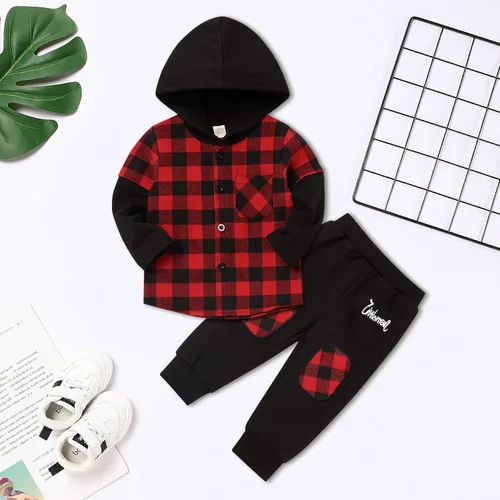 Vista 2 de Fuermos Conjunto para niño pequeño - Sudadera y pantalones a cuadros con capucha - Ropa de otoño