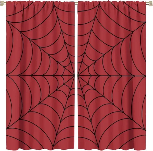 Vista 17 de Cortinas opacas de tela de araña aterradora para niños, tela de araña en blanco y negro, fondo rojo, dormitorio de niños, guardería, decoración