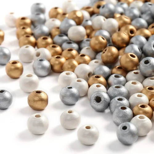 Vista 7 de ToBeIT Cuentas de madera, 300 cuentas de madera redondas de tres colores doradas, plateadas, blancas para manualidades, fabricación de joyas
