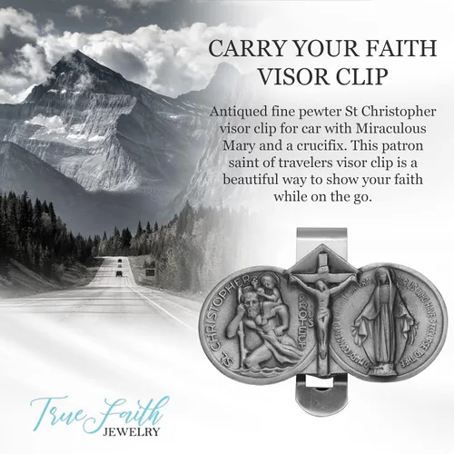 Vista 2 de True Faith Jewelry Jesús Crucificado de Estaño, María Milagrosa y San Cristóbal Clip de Visera para Auto, Santo Patrón de Viajeros, Regalo
