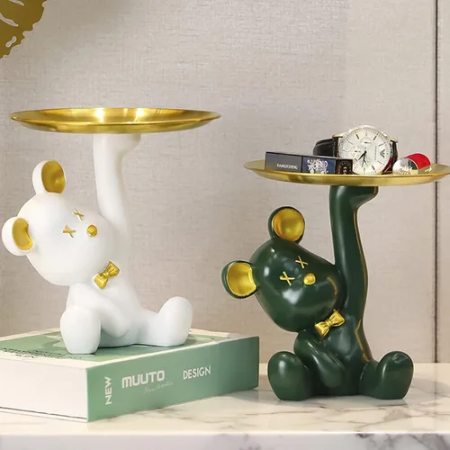 Vista 5 de Escultura de oso de dibujos animados de resina con bandeja de metal, bandeja de almacenamiento de figuras de animales, bandeja de almacenamiento
