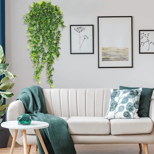 Vista 3 de Vid colgante artificial, juego de 2 plantas colgantes artificiales, plantas colgantes falsas para colgar en la pared, hojas de vid para decoración