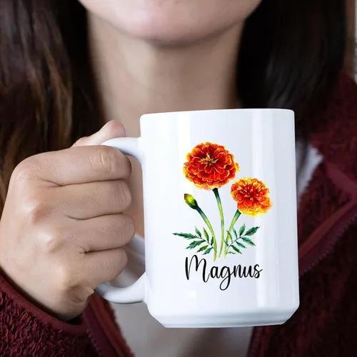 Vista 3 de Taza de cerámica de flor de caléndula personalizada, taza de café de flores con nombre personalizado, taza de café de flores lindas para amantes