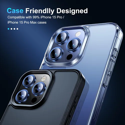 Vista 7 de BAZO Protector de lente de cámara para iPhone 15 Pro/iPhone 15 Pro Max, [protección contra caídas] Cubierta de cámara de vidrio templado 9H