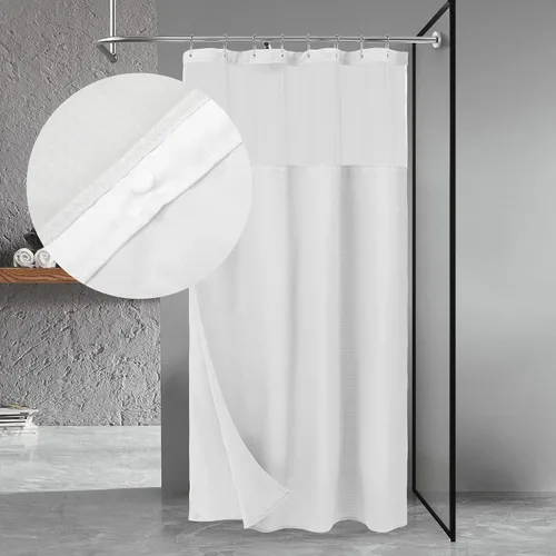 Vista 10 de N&Y HOME - Juego de cortina de ducha de punto gofre, forro de tela a presión y ganchos, para ducha pequeña, estilo hotel, ventana superior de malla