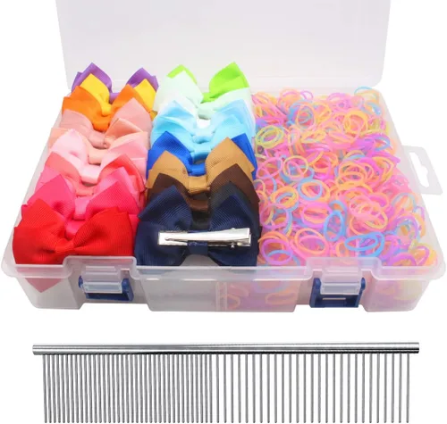 Vista 9 de YOY 20 adorables lazos para el pelo de perro con clips y 1000 bandas de goma y 1 peine de acero para peluquería, nudo superior de cachorro, moño