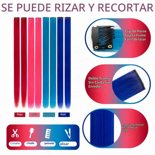 Vista 4 de 20 extensiones de cabello con clip de colores para niñas, extensiones de cabello arcoíris multicolor de 20 pulgadas, reflejos instantáneos, piezas A