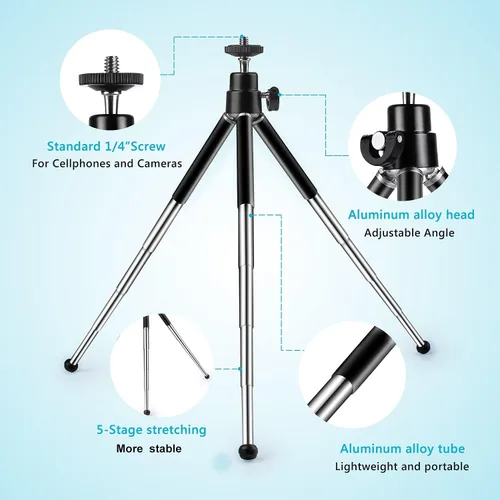 Vista 4 de Mini trípode para cámara web y teléfono, soporte de cámara web extensible de metal de 4 a 9 pulgadas con soporte para teléfono, trípode de mesa