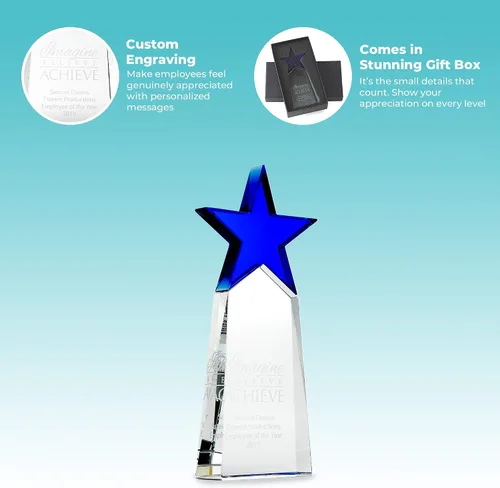 Vista 4 de Baudville Trofeo grabado – Cristal – Torre con estrella en la parte superior – Premio para empleados – Grabado personalizado de hasta cuatro líneas