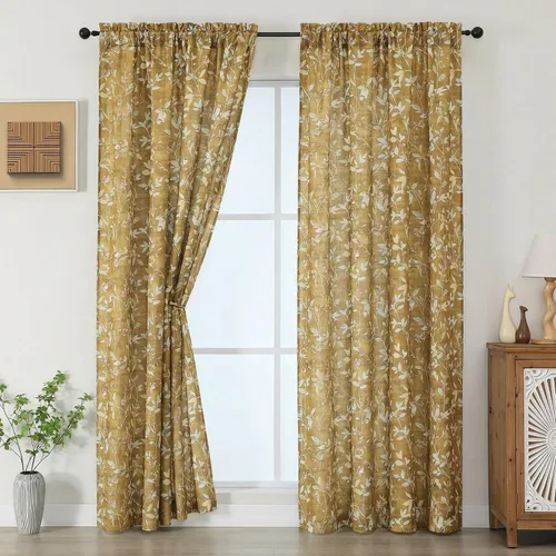 Vista 13 de Chyhomenyc Cortinas de mezcla de lino de 63 pulgadas de largo, 2 paneles de cortina con estampado floral filtrante de luz para sala de estar
