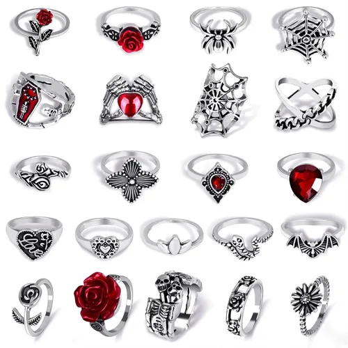 Vista 7 de CHICUTIE Juego de anillos de nudillos plateados vintage para mujer, retro, apilables, góticos, estéticos, punk, articulación, dedo, anillo