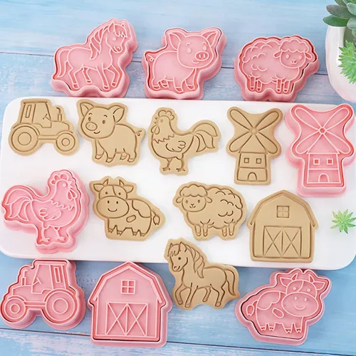Vista 4 de Juego de sellos de galletas de animales de granja de dibujos animados, juego de sellos de galletas de fondant, cortadores de galletas de pastelería