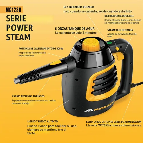 Vista 4 de McCulloch MC1230 - Limpiadora de vapor de mano, tiempo de ejecución de 10 minutos, 11 accesorios: boquilla de chorro, cepillos y más - Construido