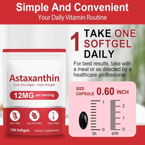 Vista 7 de Astaxantina 12 mg – Suplementos antioxidantes de astaxantina premium para apoyo a la salud de la piel y los ojos – Fuente de microalgas frescas